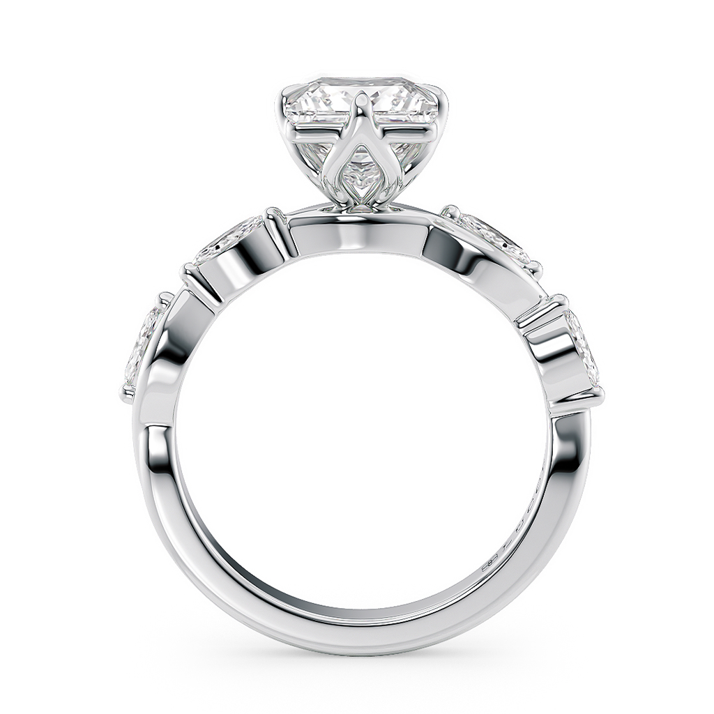Load image into Gallery viewer, LUCCE Emerald Radiant Diamond Ring with Marquise Accents in Intertwining Vines and Petal Prongs Mid Setting Engagement Ring in Gold or Platinum 
