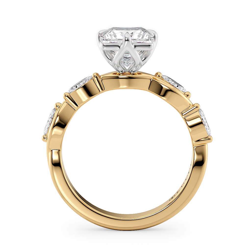 Load image into Gallery viewer, LUCCE Emerald Radiant Diamond Ring with Marquise Accents in Intertwining Vines and Petal Prongs Mid Setting Engagement Ring in Gold or Platinum 
