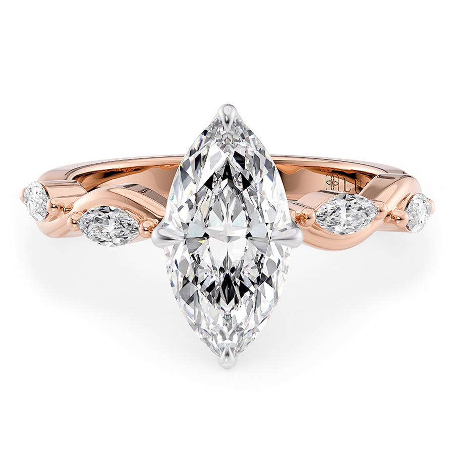 Load image into Gallery viewer, LUCCE Marquise Diamond Ring with Marquise Accents in Intertwining Vines and Petal Prongs Mid Setting Engagement Ring in Gold or Platinum 
