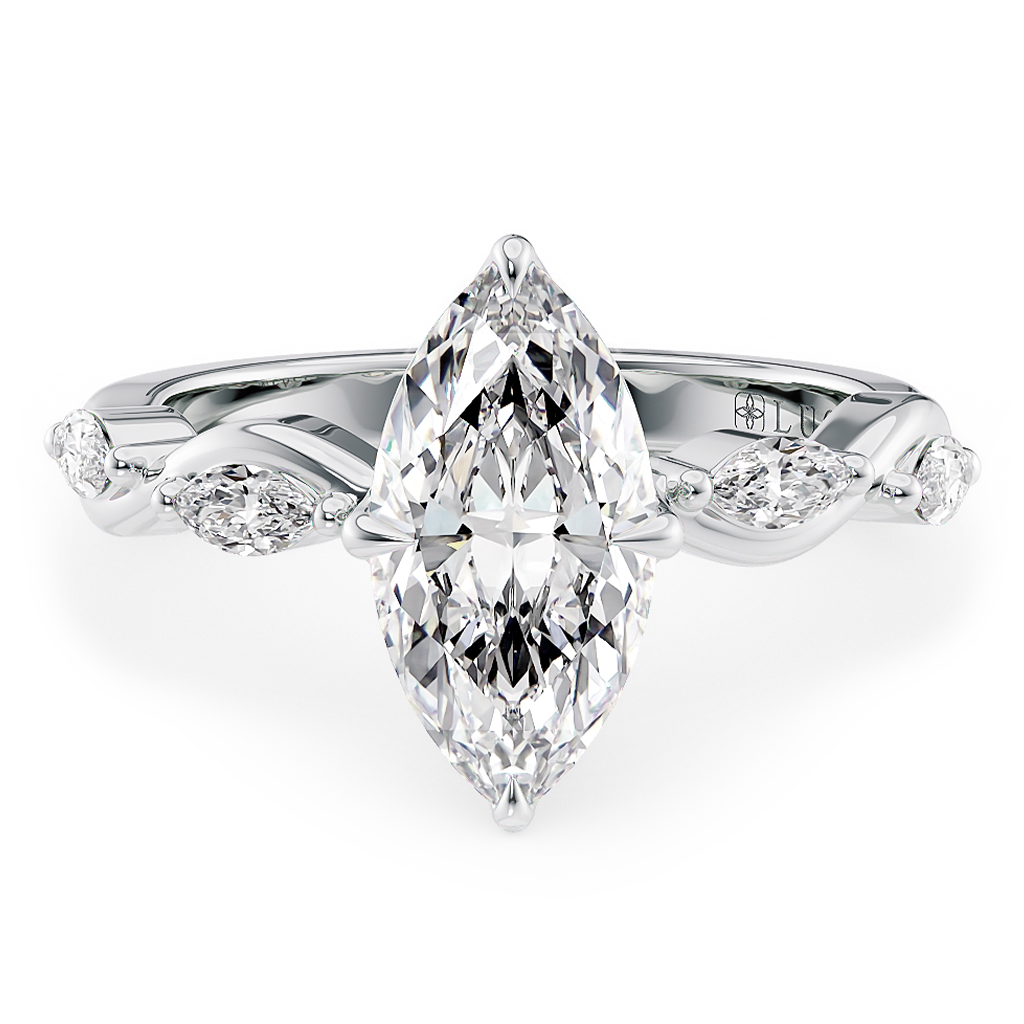 Load image into Gallery viewer, LUCCE Marquise Diamond Ring with Marquise Accents in Intertwining Vines and Petal Prongs Mid Setting Engagement Ring in Gold or Platinum 
