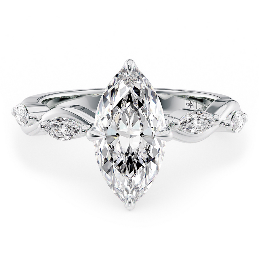 Load image into Gallery viewer, LUCCE Marquise Diamond Ring with Marquise Accents in Intertwining Vines and Petal Prongs Mid Setting Engagement Ring in Gold or Platinum 
