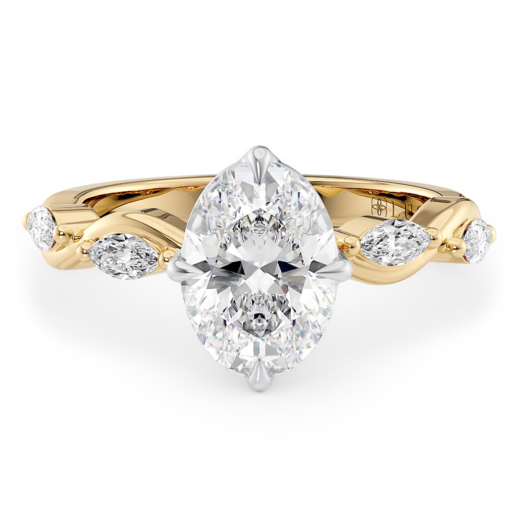 Load image into Gallery viewer, LUCCE Oval Diamond Ring with Marquise Accents in Intertwining Vines and Petal Prongs Mid Setting Engagement Ring in Gold or Platinum 
