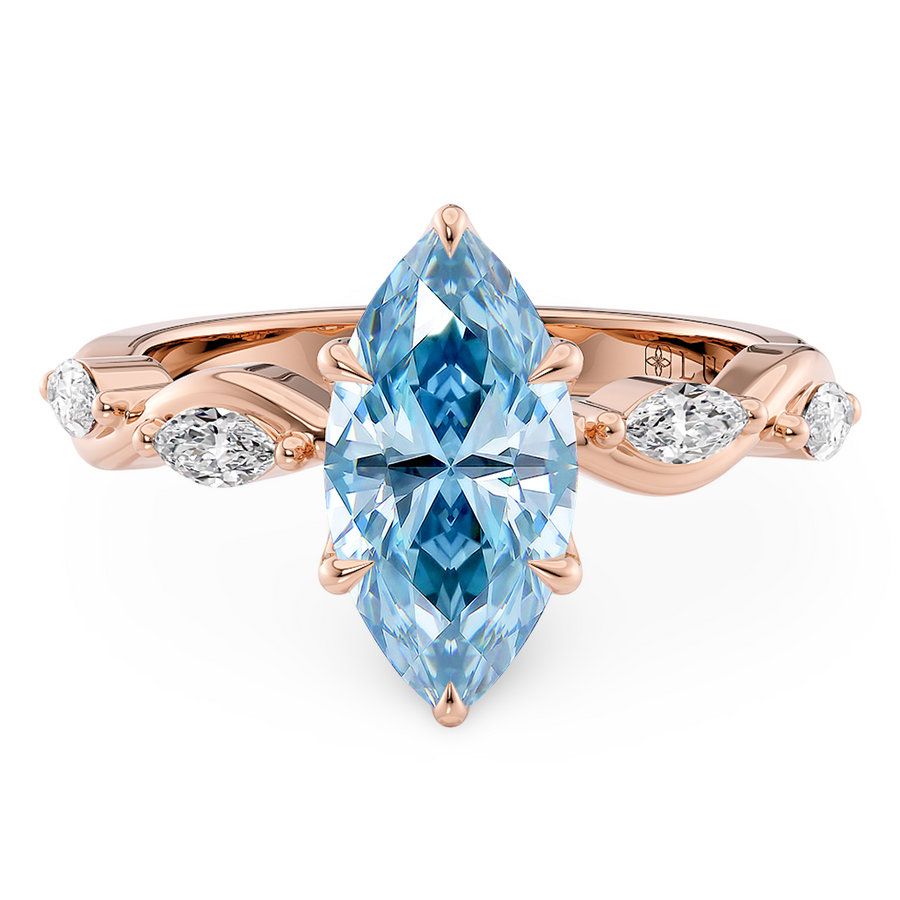 Load image into Gallery viewer, LUCCE OCEAN Blue Marquise cut Diamond Ring with Marquise Accents in Intertwining Vines and Petal Prongs Mid Setting Engagement Ring in Gold or Platinum 
