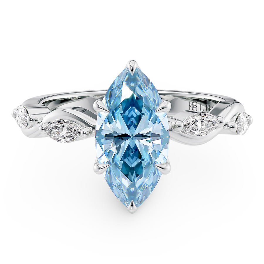 Load image into Gallery viewer, LUCCE OCEAN Blue Marquise cut Diamond Ring with Marquise Accents in Intertwining Vines and Petal Prongs Mid Setting Engagement Ring in Gold or Platinum 
