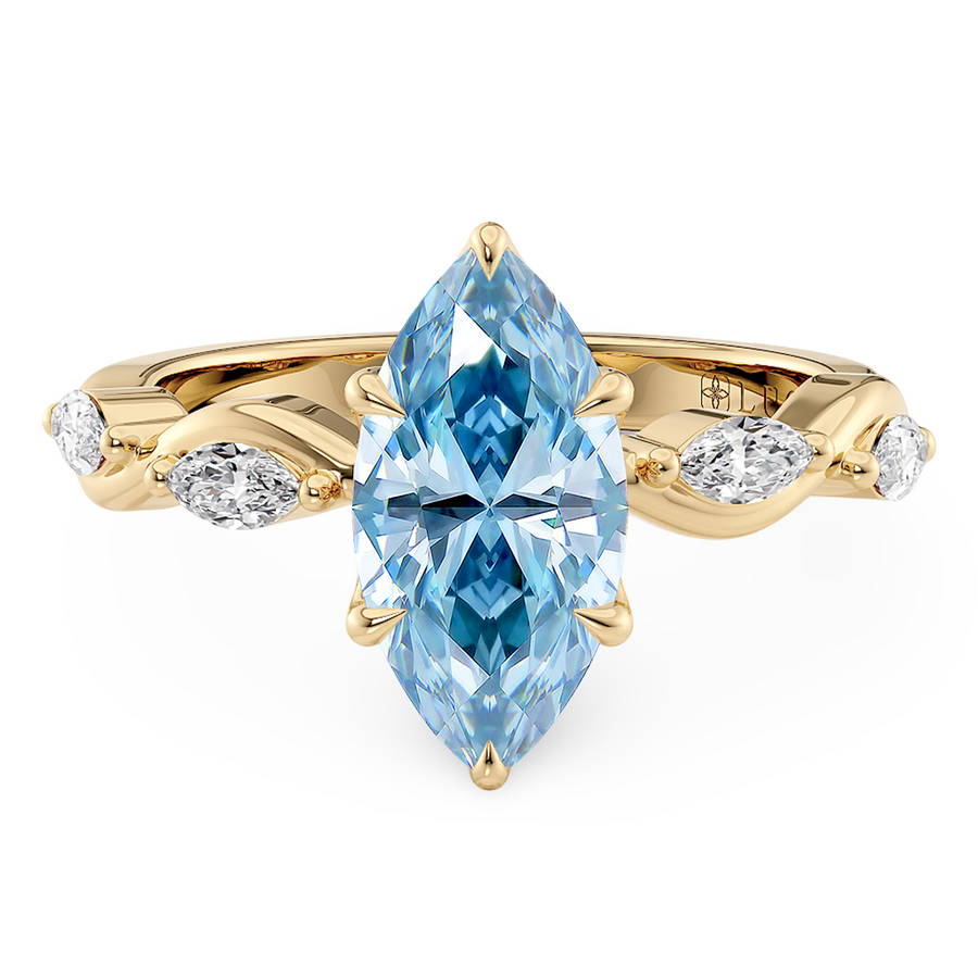 Load image into Gallery viewer, LUCCE OCEAN Blue Marquise cut Diamond Ring with Marquise Accents in Intertwining Vines and Petal Prongs Mid Setting Engagement Ring in Gold or Platinum 
