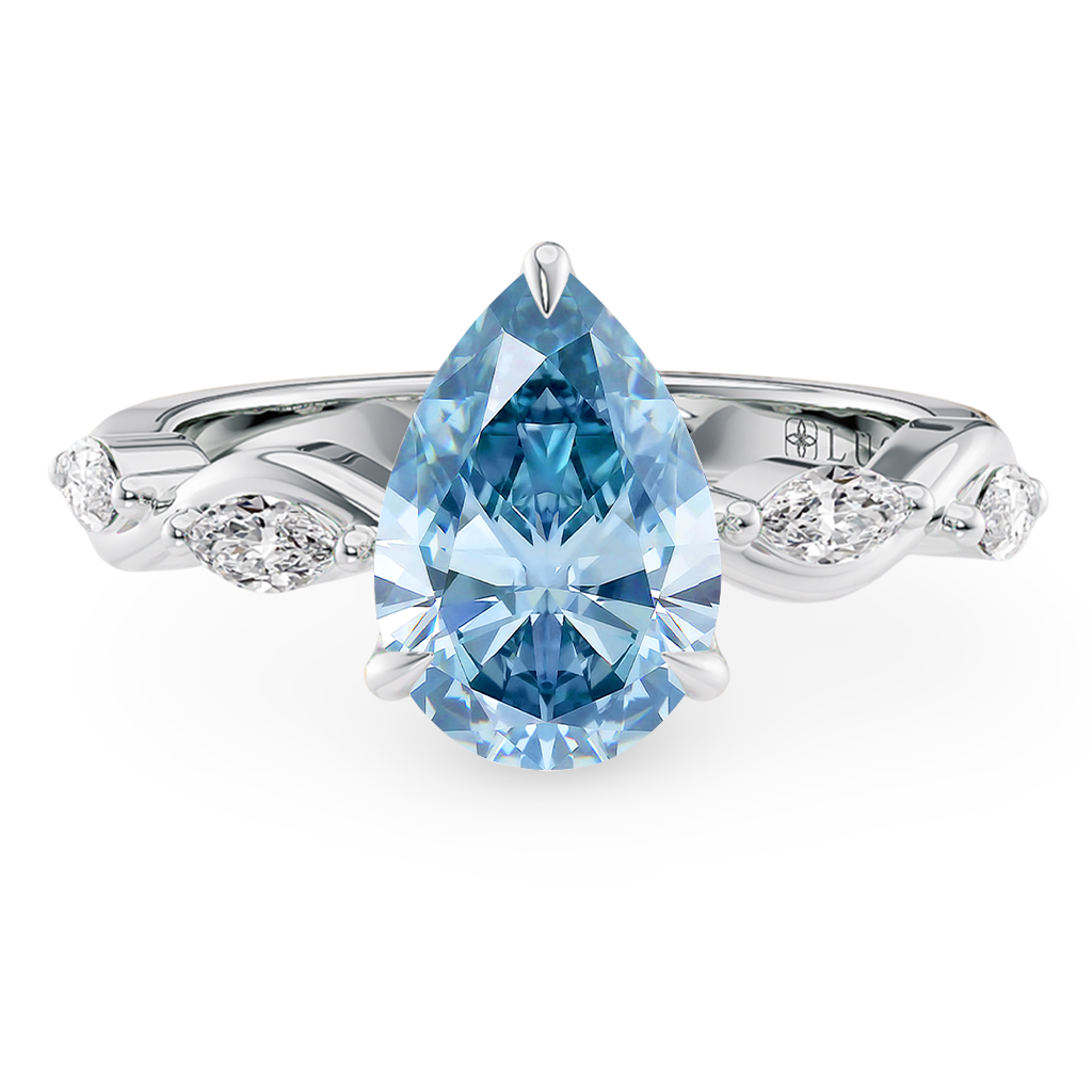 Load image into Gallery viewer, LUCCE OCEAN Blue Pear cut Diamond Ring with Marquise Accents in Intertwining Vines and Petal Prongs Mid Setting Engagement Ring in Gold or Platinum 
