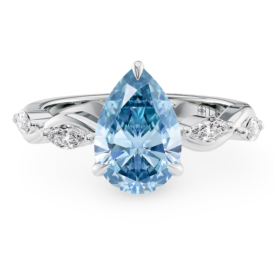 Load image into Gallery viewer, LUCCE OCEAN Blue Pear cut Diamond Ring with Marquise Accents in Intertwining Vines and Petal Prongs Mid Setting Engagement Ring in Gold or Platinum 
