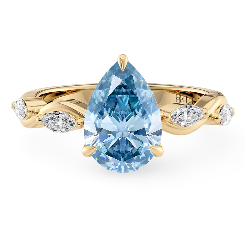 Load image into Gallery viewer, LUCCE OCEAN Blue Pear cut Diamond Ring with Marquise Accents in Intertwining Vines and Petal Prongs Mid Setting Engagement Ring in Gold or Platinum 
