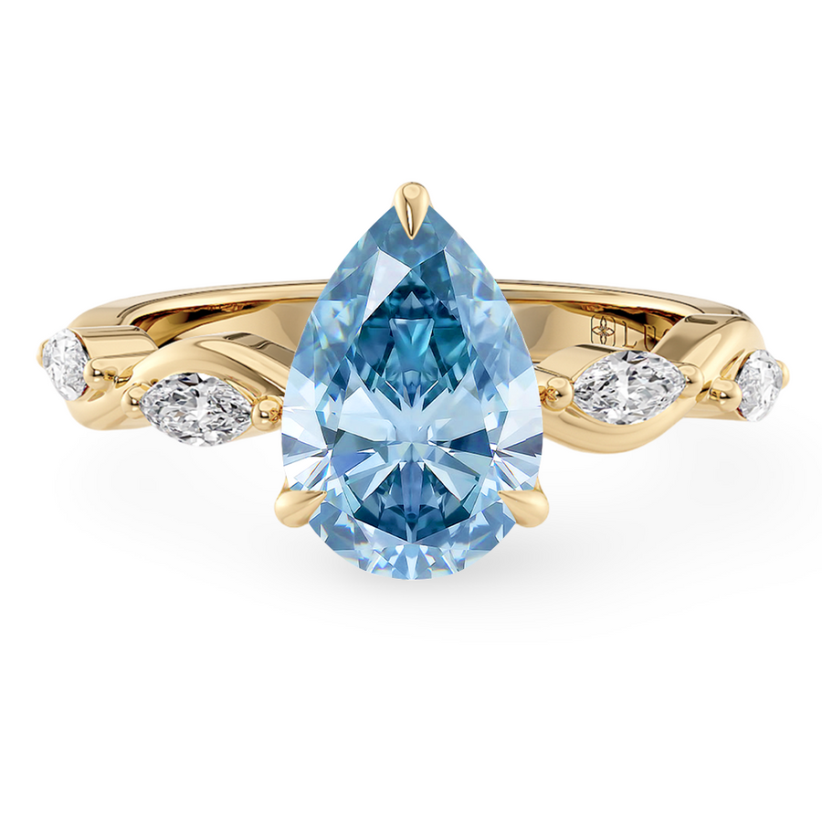 Load image into Gallery viewer, LUCCE OCEAN Blue Pear cut Diamond Ring with Marquise Accents in Intertwining Vines and Petal Prongs Mid Setting Engagement Ring in Gold or Platinum 
