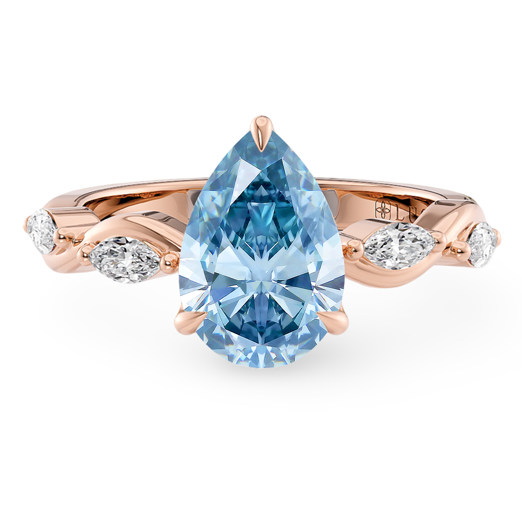 Load image into Gallery viewer, LUCCE OCEAN Blue Pear cut Diamond Ring with Marquise Accents in Intertwining Vines and Petal Prongs Mid Setting Engagement Ring in Gold or Platinum 
