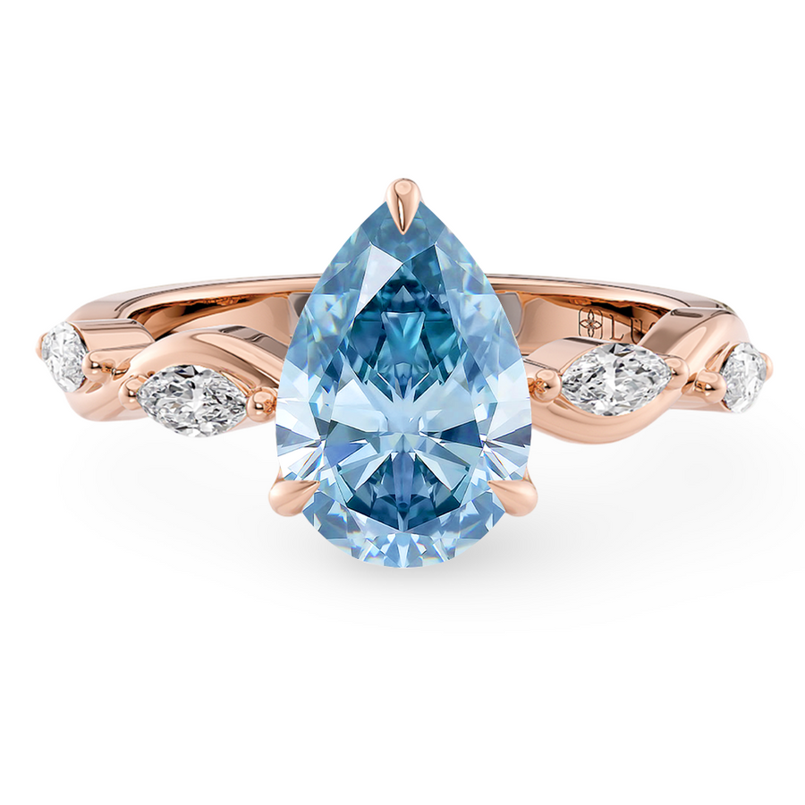 Load image into Gallery viewer, LUCCE OCEAN Blue Pear cut Diamond Ring with Marquise Accents in Intertwining Vines and Petal Prongs Mid Setting Engagement Ring in Gold or Platinum 
