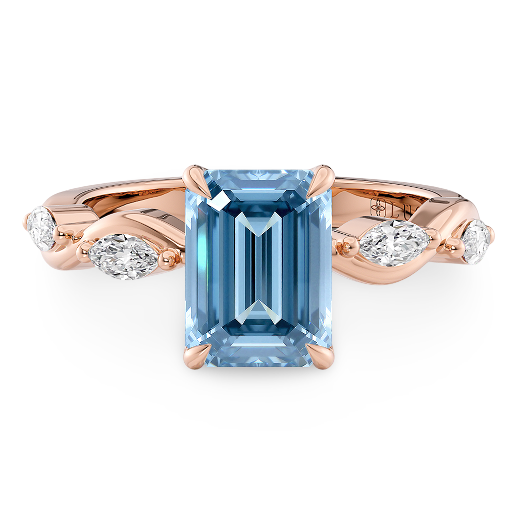 Load image into Gallery viewer, LUCCE OCEAN Blue Oval Diamond Ring with Marquise Accents in Intertwining Vines and Petal Prongs Mid Setting Engagement Ring in Gold or Platinum 
