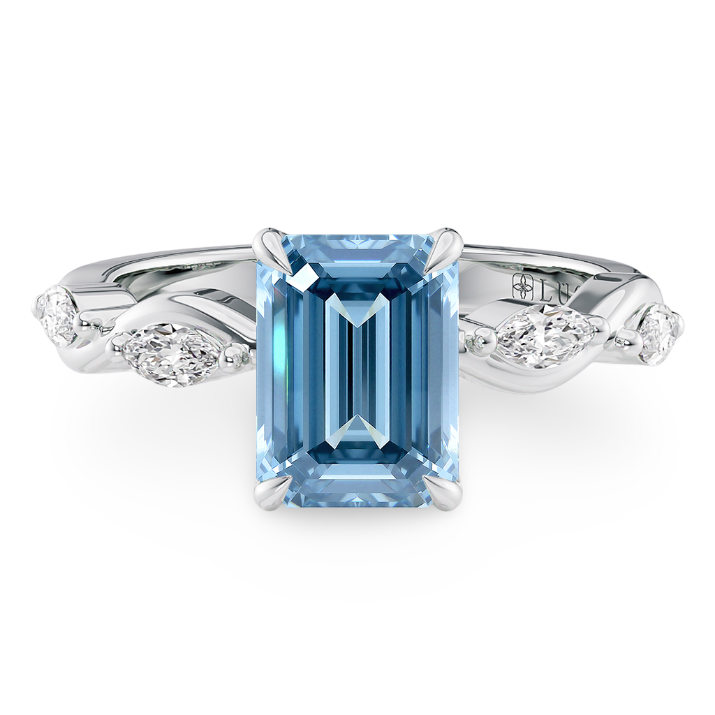Load image into Gallery viewer, LUCCE OCEAN Blue Oval Diamond Ring with Marquise Accents in Intertwining Vines and Petal Prongs Mid Setting Engagement Ring in Gold or Platinum 
