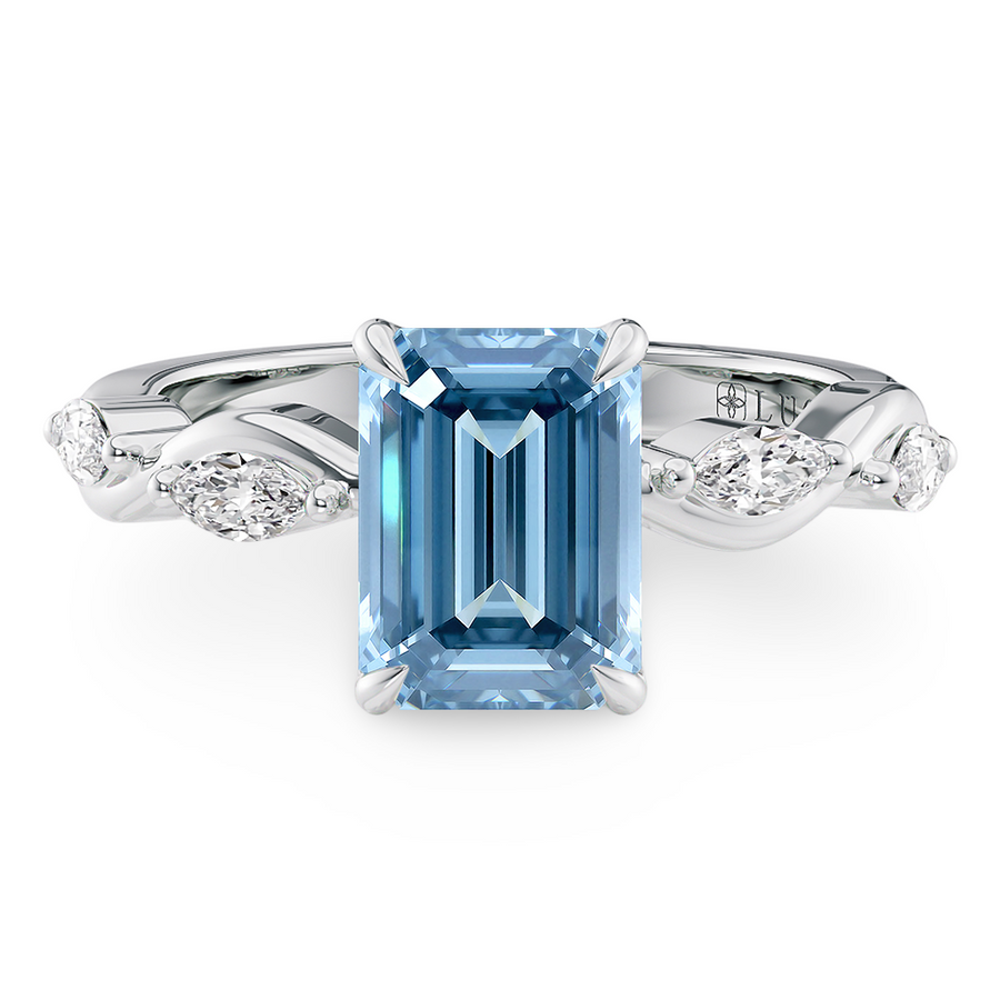 Load image into Gallery viewer, LUCCE OCEAN Blue Oval Diamond Ring with Marquise Accents in Intertwining Vines and Petal Prongs Mid Setting Engagement Ring in Gold or Platinum 
