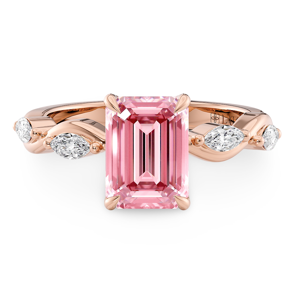 Load image into Gallery viewer, LUCCE ROSÉ Pink Oval Diamond Ring with Marquise Accents in Intertwining Vines and Petal Prongs Mid Setting Engagement Ring in Gold or Platinum 
