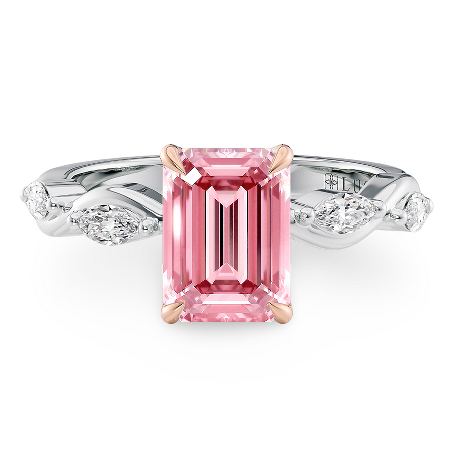 Load image into Gallery viewer, LUCCE ROSÉ Pink Oval Diamond Ring with Marquise Accents in Intertwining Vines and Petal Prongs Mid Setting Engagement Ring in Gold or Platinum 
