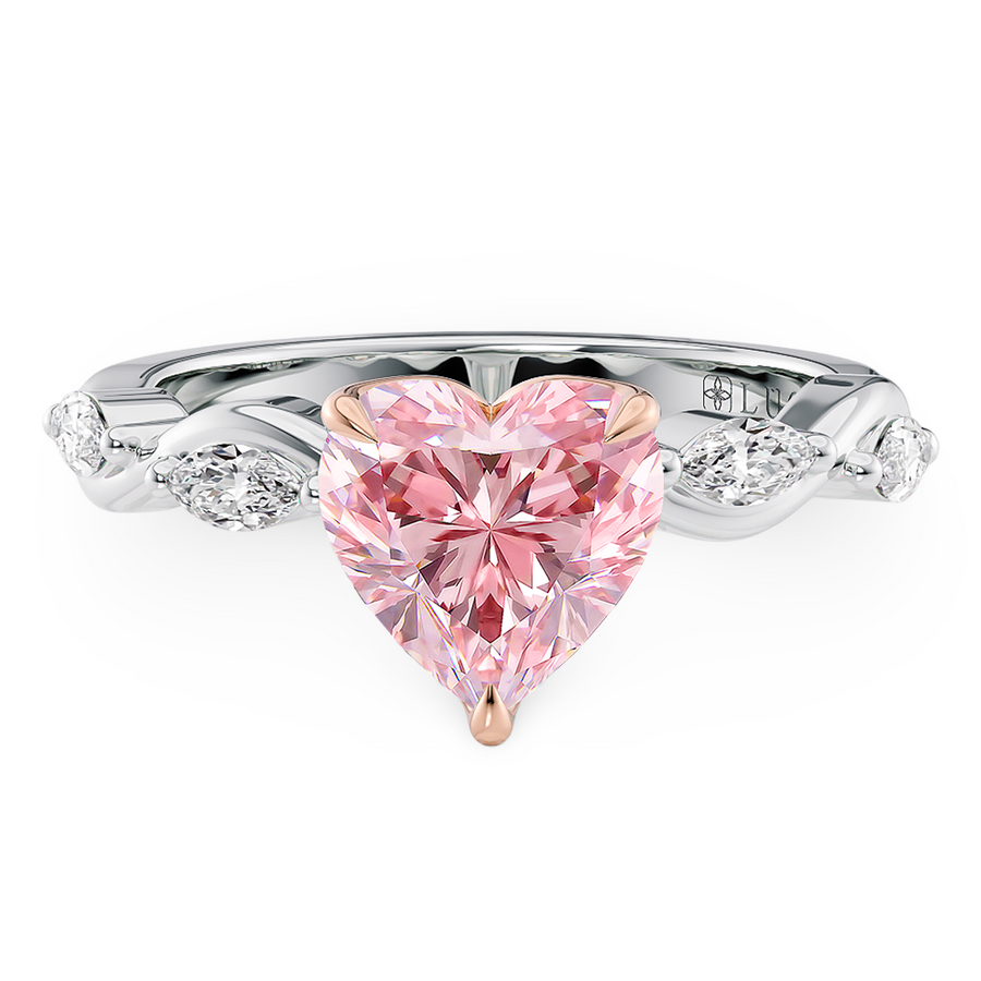 Load image into Gallery viewer, LUCCE ROSÉ Pink Heart Diamond Ring with Marquise Accents in Intertwining Vines and Petal Prongs Mid Setting Engagement Ring in Gold or Platinum 
