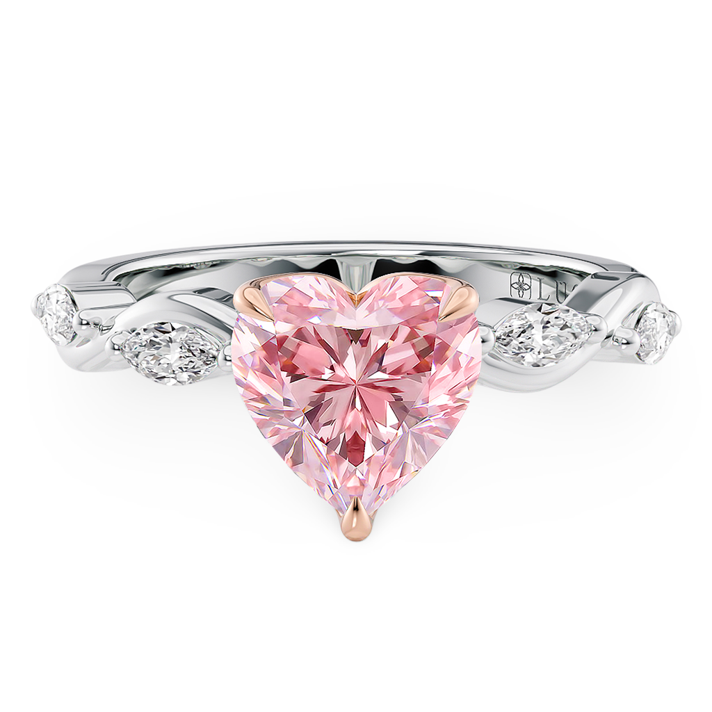 Load image into Gallery viewer, LUCCE ROSÉ Pink Heart Diamond Ring with Marquise Accents in Intertwining Vines and Petal Prongs Mid Setting Engagement Ring in Gold or Platinum 
