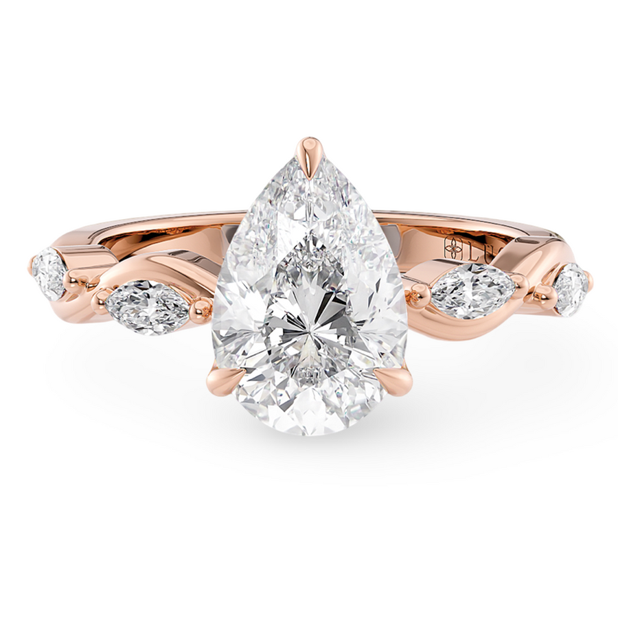 Load image into Gallery viewer, LUCCE Pear cut Diamond Ring with Marquise Accents in Intertwining Vines and Petal Prongs Mid Setting Engagement Ring in Gold or Platinum 
