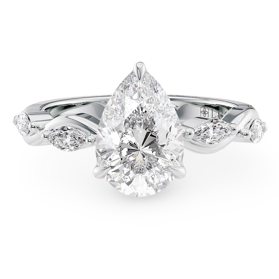 Load image into Gallery viewer, LUCCE Pear cut Diamond Ring with Marquise Accents in Intertwining Vines and Petal Prongs Mid Setting Engagement Ring in Gold or Platinum 
