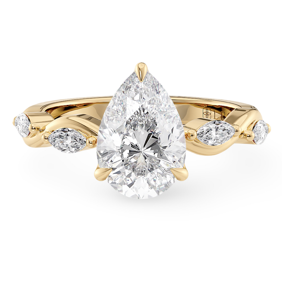 Load image into Gallery viewer, LUCCE Pear cut Diamond Ring with Marquise Accents in Intertwining Vines and Petal Prongs Mid Setting Engagement Ring in Gold or Platinum 
