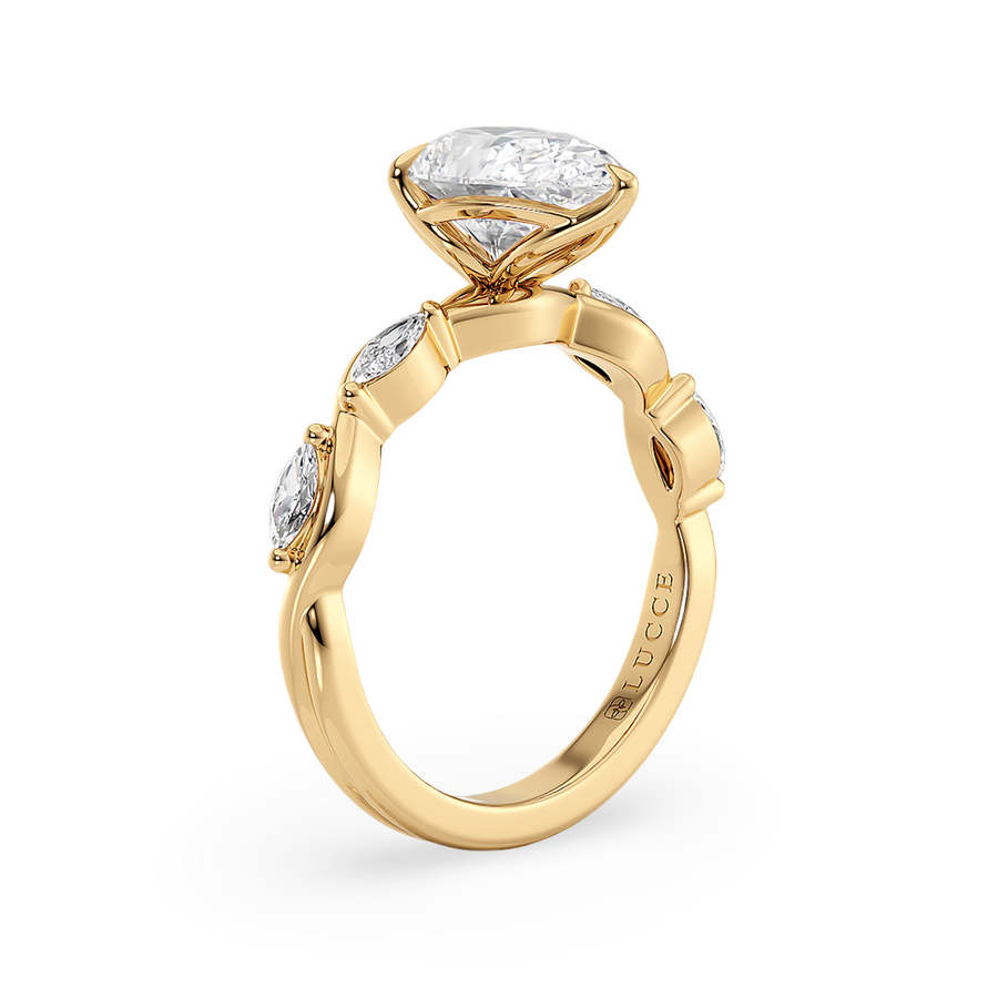 Load image into Gallery viewer, LUCCE Pear cut Diamond Ring with Marquise Accents in Intertwining Vines and Petal Prongs Mid Setting Engagement Ring in Gold or Platinum 
