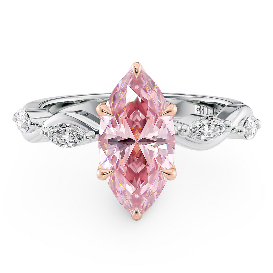 Load image into Gallery viewer, LUCCE ROSÉ Pink Marquise cut Diamond Ring with Marquise Accents in Intertwining Vines and Petal Prongs Mid Setting Engagement Ring in Gold or Platinum 
