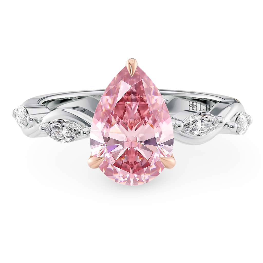 Load image into Gallery viewer, LUCCE ROSÉ Pink Pear cut Diamond Ring with Marquise Accents in Intertwining Vines and Petal Prongs Mid Setting Engagement Ring in Gold or Platinum 
