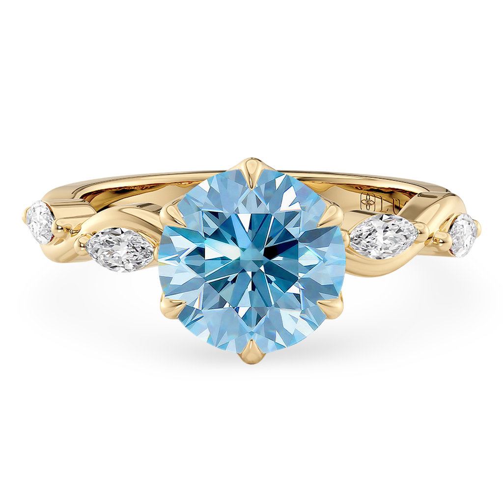 Load image into Gallery viewer, LUCCE OCEAN Blue Round Diamond Ring with Marquise Accents in Intertwining Vines and Petal Prongs Mid Setting Engagement Ring in Gold or Platinum 
