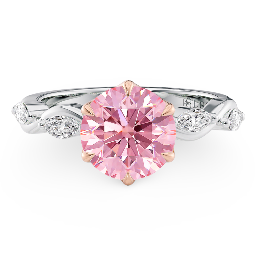 Load image into Gallery viewer, LUCCE ROSÉ Pink Round Diamond Ring with Marquise Accents in Intertwining Vines and Petal Prongs Mid Setting Engagement Ring in Gold or Platinum 
