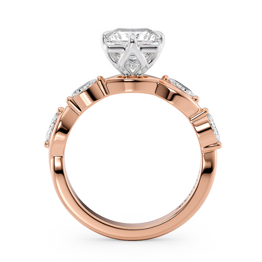 Load image into Gallery viewer, LUCCE Princess Diamond Ring with Marquise Accents in Intertwining Vines and Petal Prongs Mid Setting Engagement Ring in Gold or Platinum 
