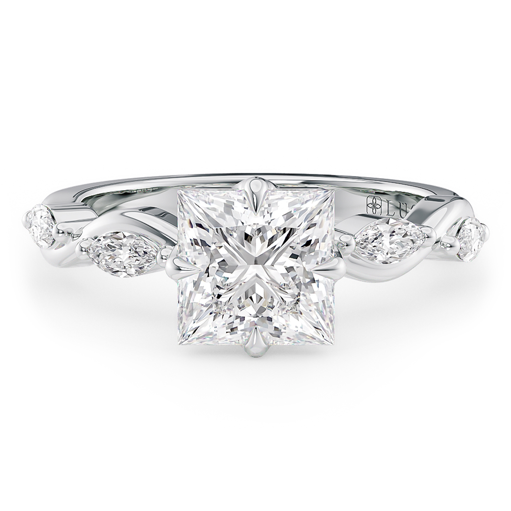 Load image into Gallery viewer, LUCCE Princess Diamond Ring with Marquise Accents in Intertwining Vines and Petal Prongs Mid Setting Engagement Ring in Gold or Platinum 
