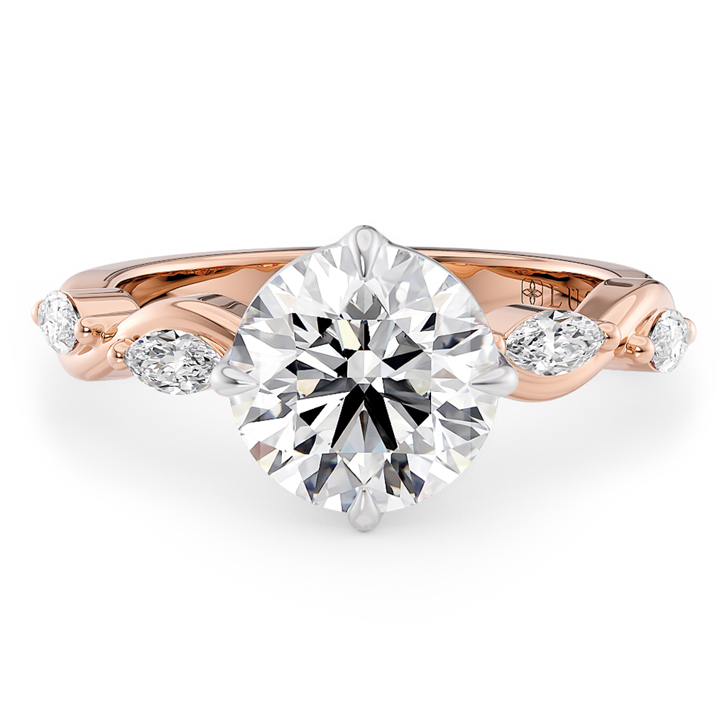 Load image into Gallery viewer, LUCCE Round Diamond Ring with Marquise Accents in Intertwining Vines and Petal Prongs Mid Setting Engagement Ring in Gold or Platinum 
