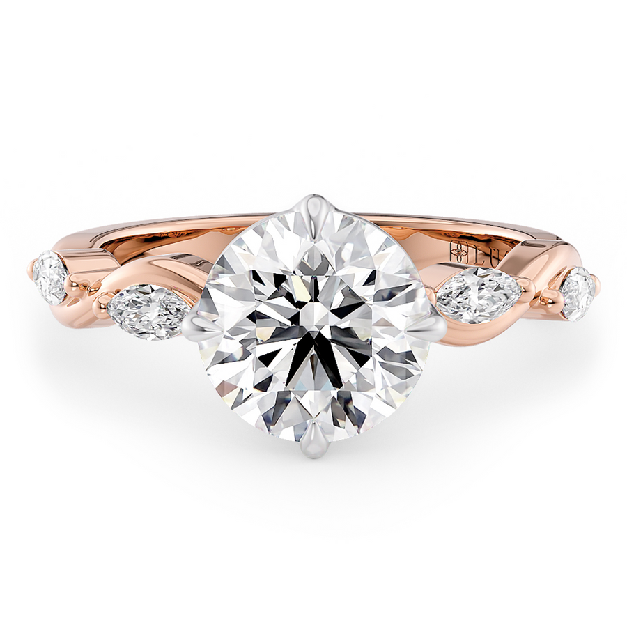 Load image into Gallery viewer, LUCCE Round Diamond Ring with Marquise Accents in Intertwining Vines and Petal Prongs Mid Setting Engagement Ring in Gold or Platinum 
