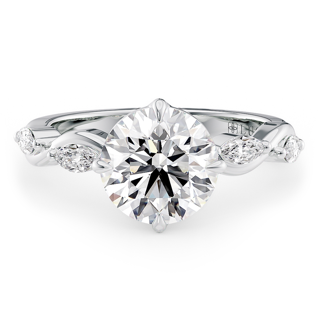 Load image into Gallery viewer, LUCCE Round Diamond Ring with Marquise Accents in Intertwining Vines and Petal Prongs Mid Setting Engagement Ring in Gold or Platinum 
