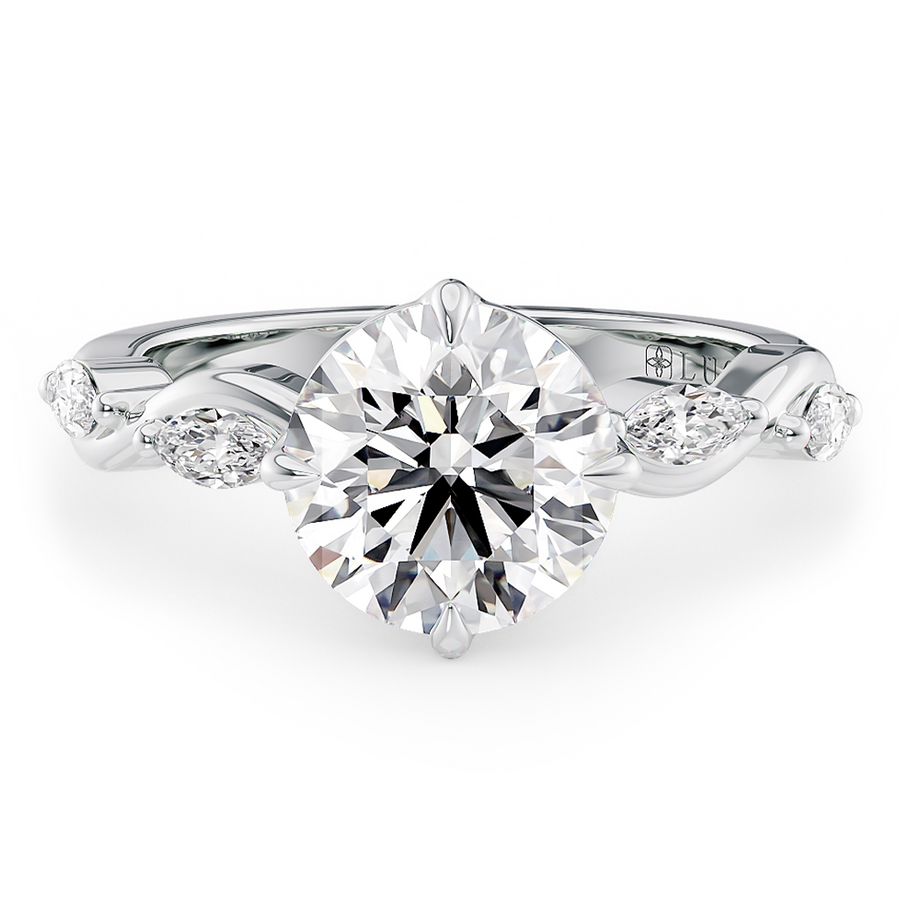 Load image into Gallery viewer, LUCCE Round Diamond Ring with Marquise Accents in Intertwining Vines and Petal Prongs Mid Setting Engagement Ring in Gold or Platinum 
