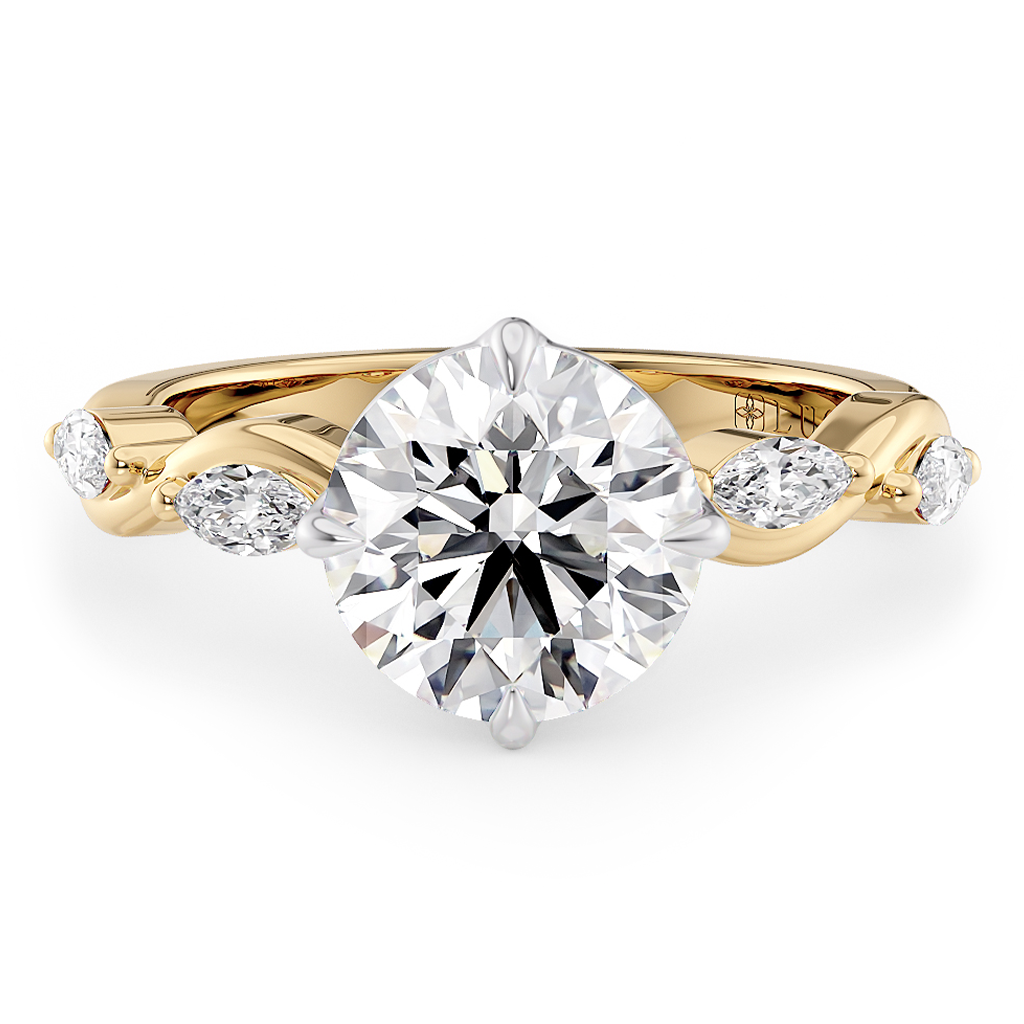 Load image into Gallery viewer, LUCCE Round Diamond Ring with Marquise Accents in Intertwining Vines and Petal Prongs Mid Setting Engagement Ring in Gold or Platinum 
