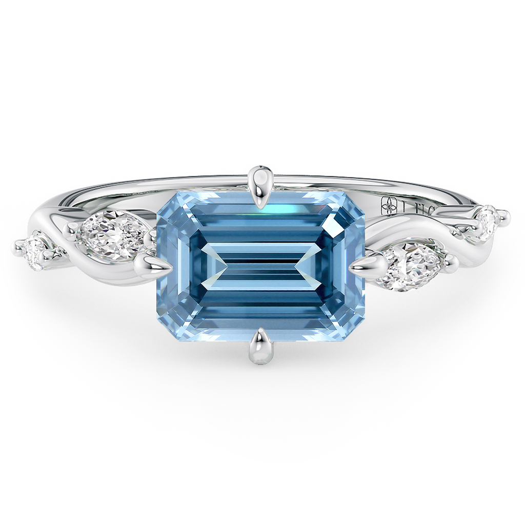 Load image into Gallery viewer, LUCCE Emerald Blue Diamond Engagement Ring on East-West Low Setting with marquise accents in Gold or Platinum
