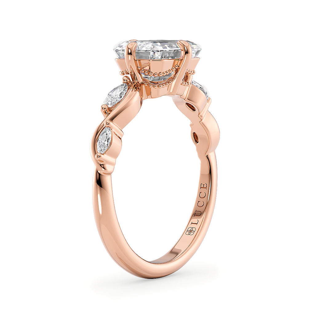 Load image into Gallery viewer, LUCCE Emerald Diamond Engagement Ring on East-West Low Setting with marquise accents in Gold or Platinum
