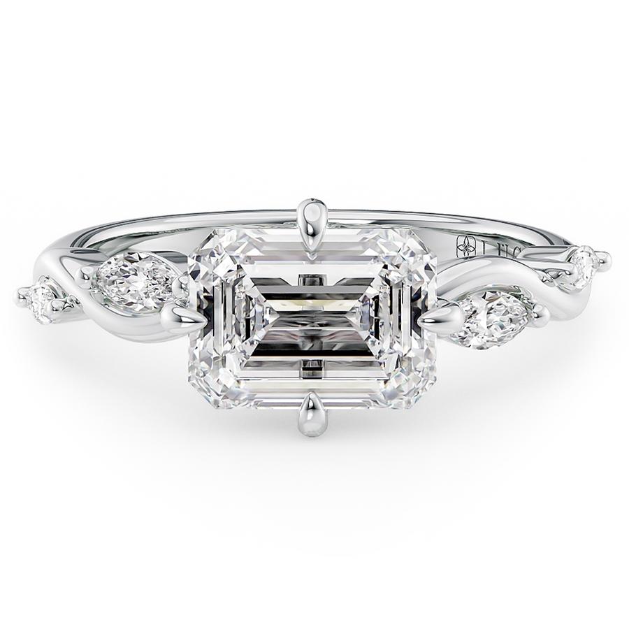 Load image into Gallery viewer, LUCCE Emerald Diamond Engagement Ring on East-West Low Setting with marquise accents in Gold or Platinum
