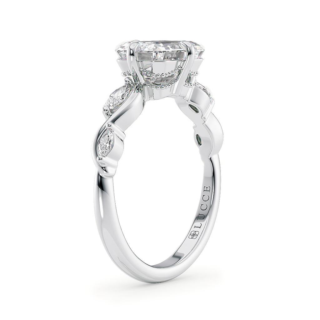 Load image into Gallery viewer, LUCCE Emerald Diamond Engagement Ring on East-West Low Setting with marquise accents in Gold or Platinum
