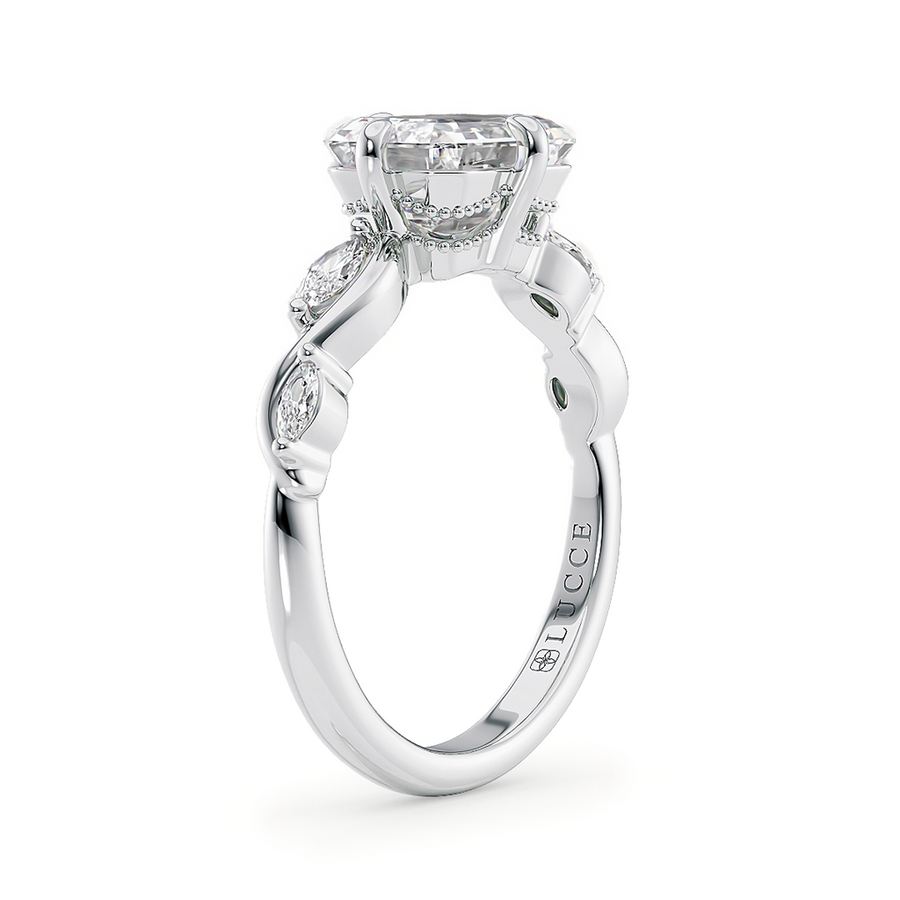 Load image into Gallery viewer, LUCCE Emerald Diamond Engagement Ring on East-West Low Setting with marquise accents in Gold or Platinum
