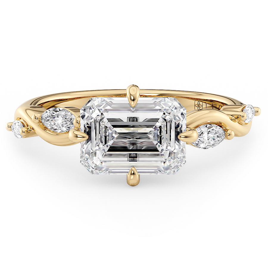 Load image into Gallery viewer, LUCCE Emerald Diamond Engagement Ring on East-West Low Setting with marquise accents in Gold or Platinum
