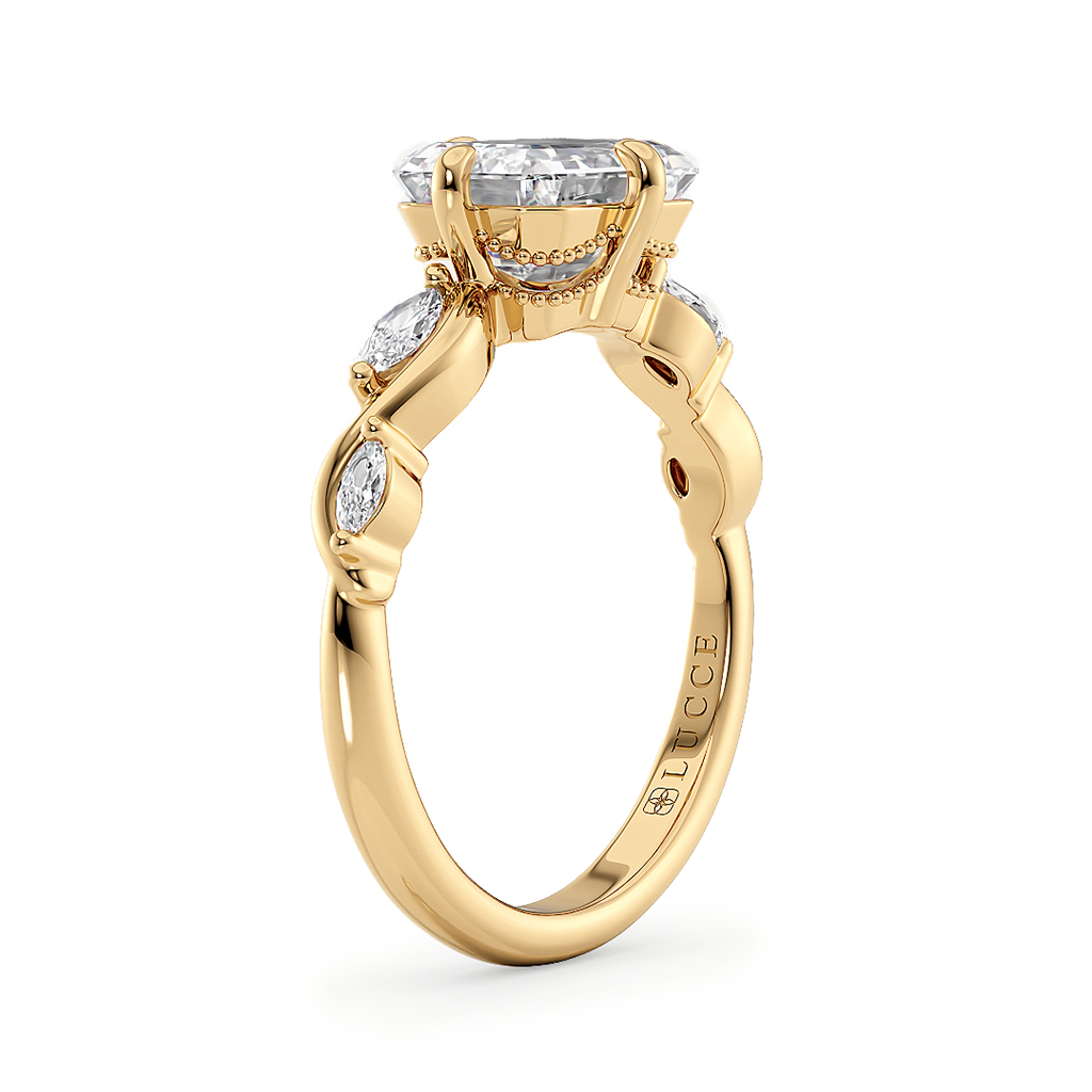 Load image into Gallery viewer, LUCCE Radiant Diamond Engagement Ring on East-West Low Setting with marquise accents in Gold or Platinum
