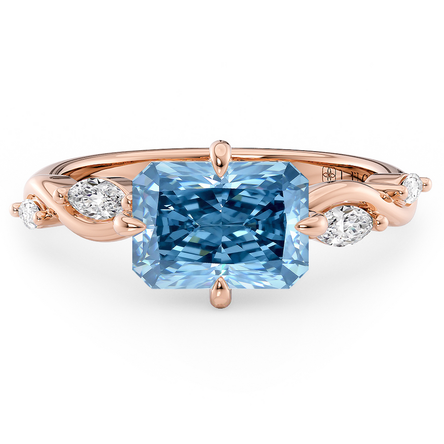 Load image into Gallery viewer, LUCCE Radiant Blue Diamond Engagement Ring on East-West Low Setting with marquise accents in Gold or Platinum
