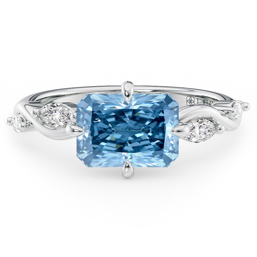 Load image into Gallery viewer, LUCCE Radiant Blue Diamond Engagement Ring on East-West Low Setting with marquise accents in Gold or Platinum
