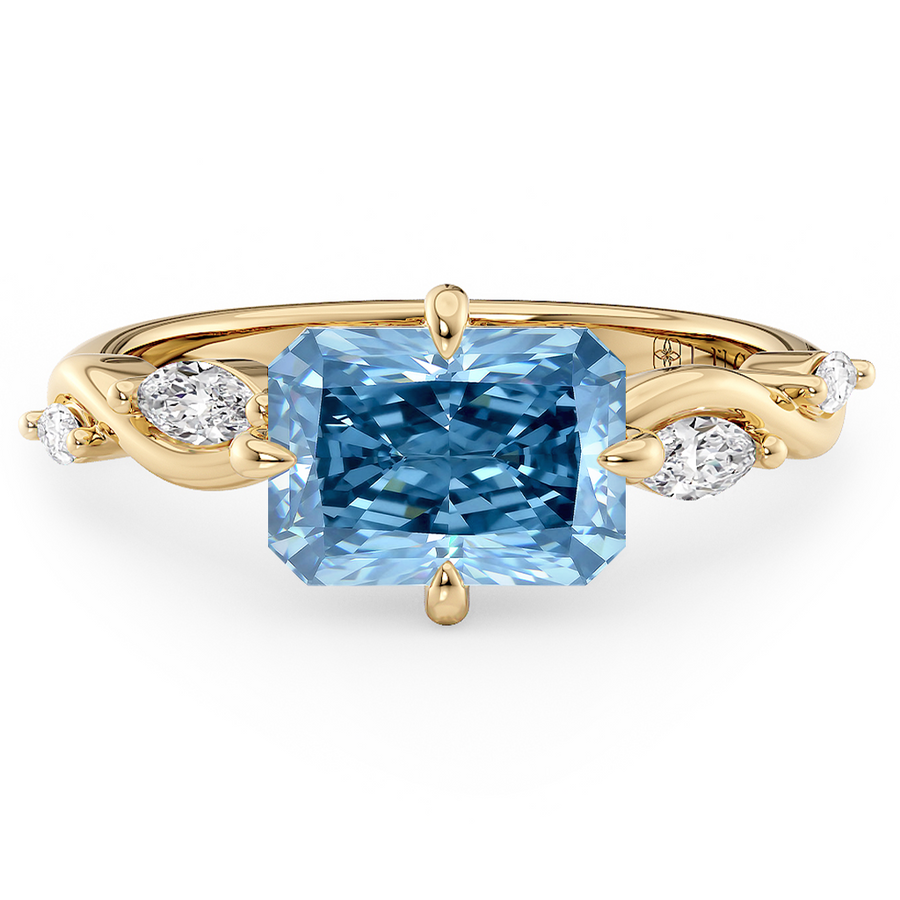 Load image into Gallery viewer, LUCCE Radiant Blue Diamond Engagement Ring on East-West Low Setting with marquise accents in Gold or Platinum
