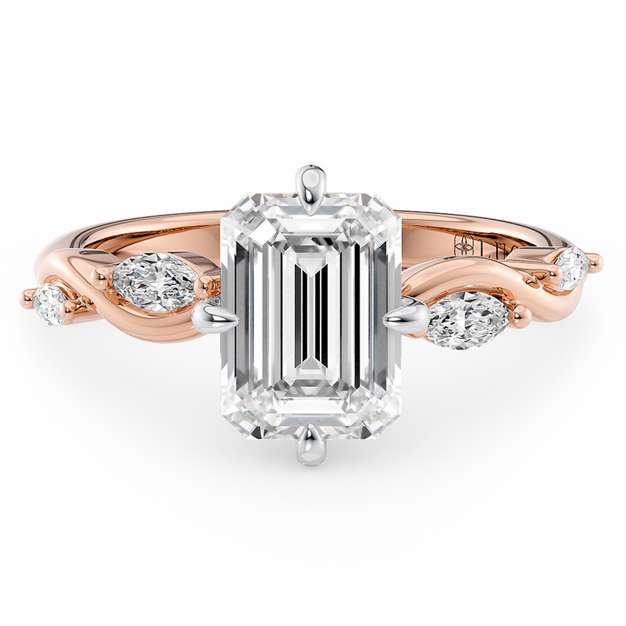Load image into Gallery viewer, LUCCE Emerald Engagement Ring Low Setting with Lab or Natural Diamond and marquise accents in Gold or Platinum
