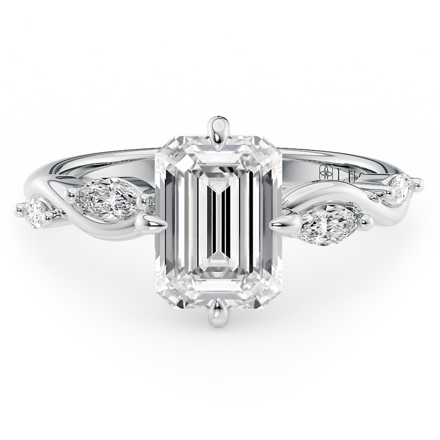 Load image into Gallery viewer, LUCCE Emerald Engagement Ring Low Setting with Lab or Natural Diamond and marquise accents in Gold or Platinum
