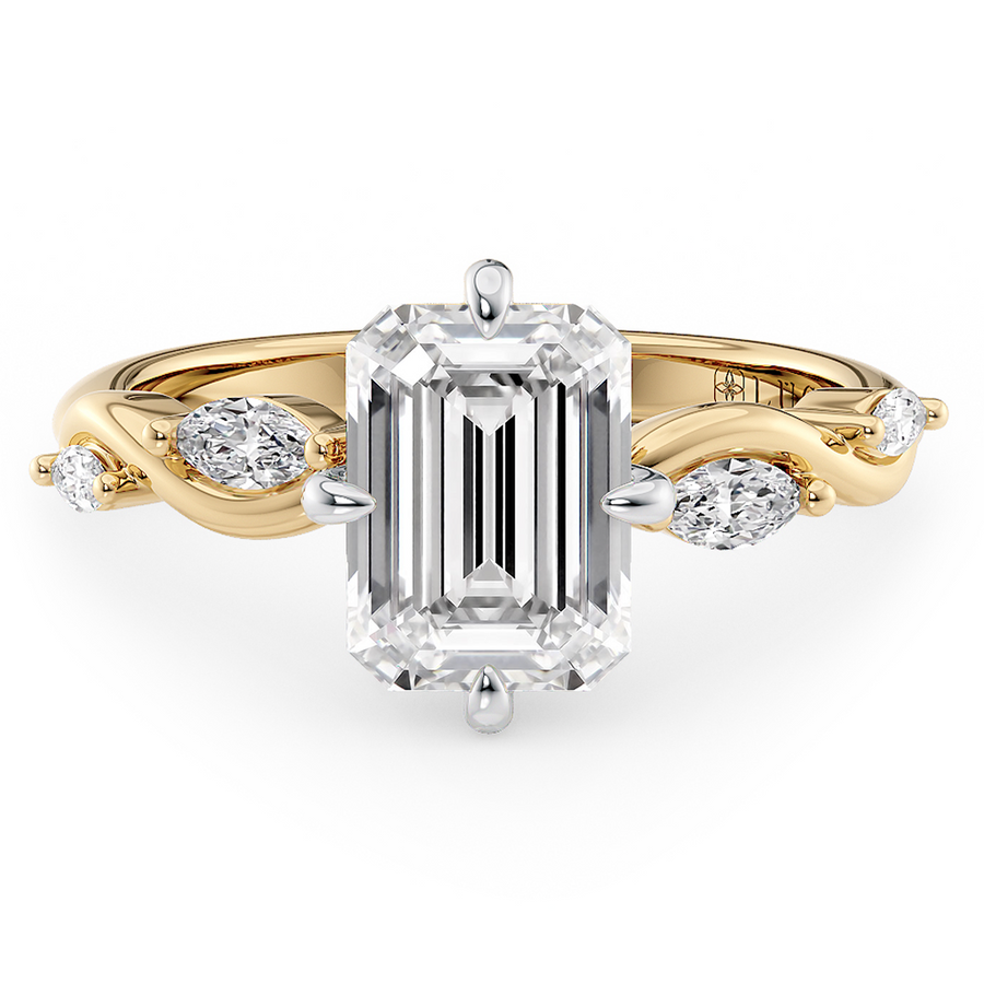 Load image into Gallery viewer, LUCCE Emerald Engagement Ring Low Setting with Lab or Natural Diamond and marquise accents in Gold or Platinum
